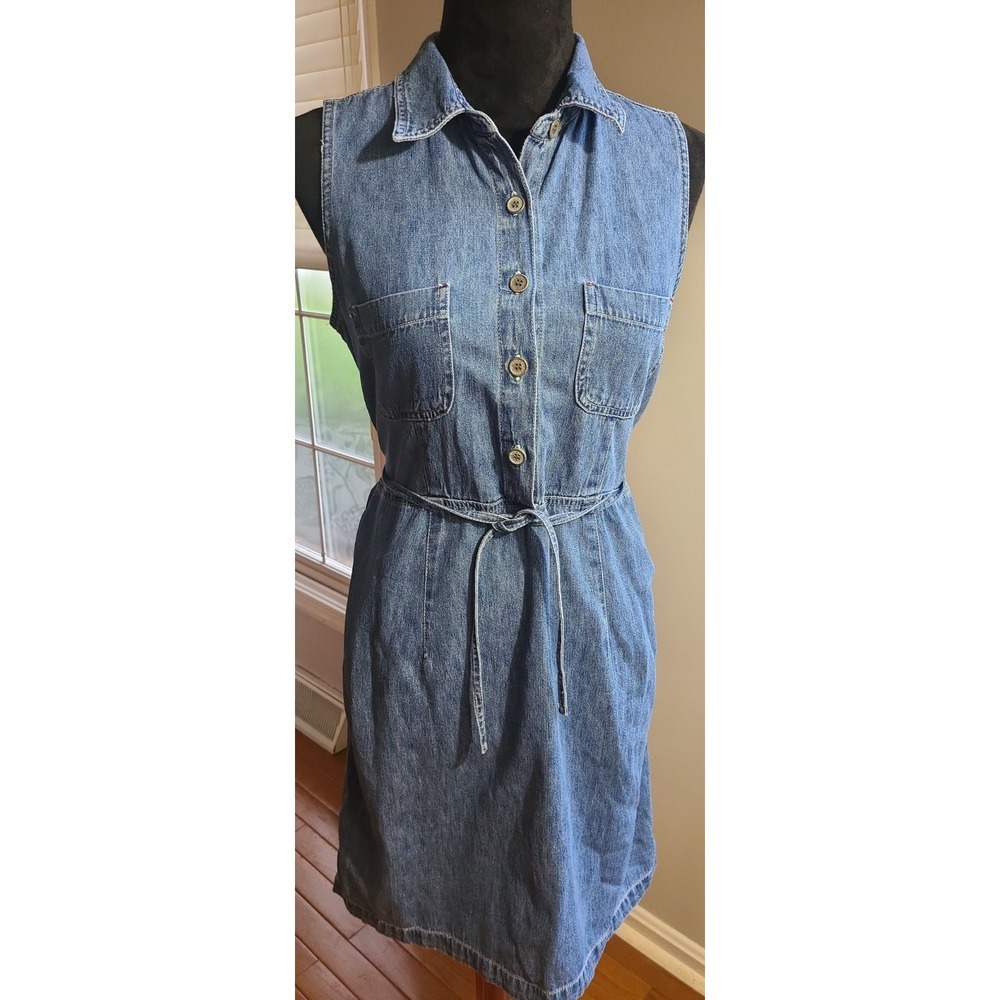 Faded Glory Denim Midi Shirt Dress Womens Sz M 8-10, 100% Cotton Blue Sleeveless
